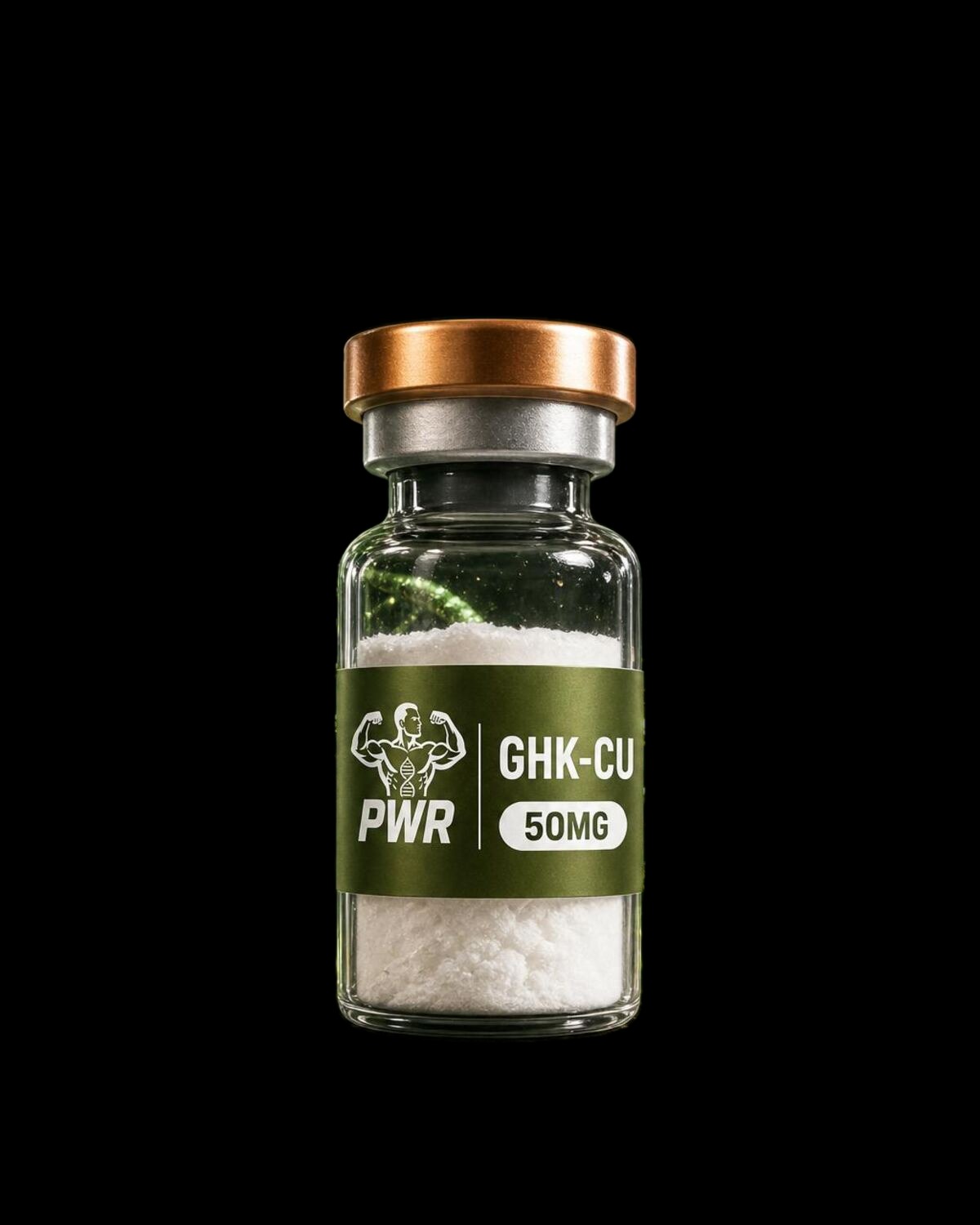 GHK-Cu 50mg research peptide vial — Copper tripeptide studied in collagen & copper-binding research. Copper & Blend Peptides category. Pharmaceutical-grade, third-party tested by PWR Peptides.