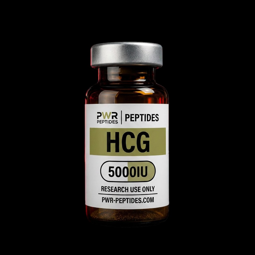 Human Chorionic Gonadotropin 5000iu research peptide vial — HCG research peptide. Signaling Peptides category. Pharmaceutical-grade, third-party tested by PWR Peptides.