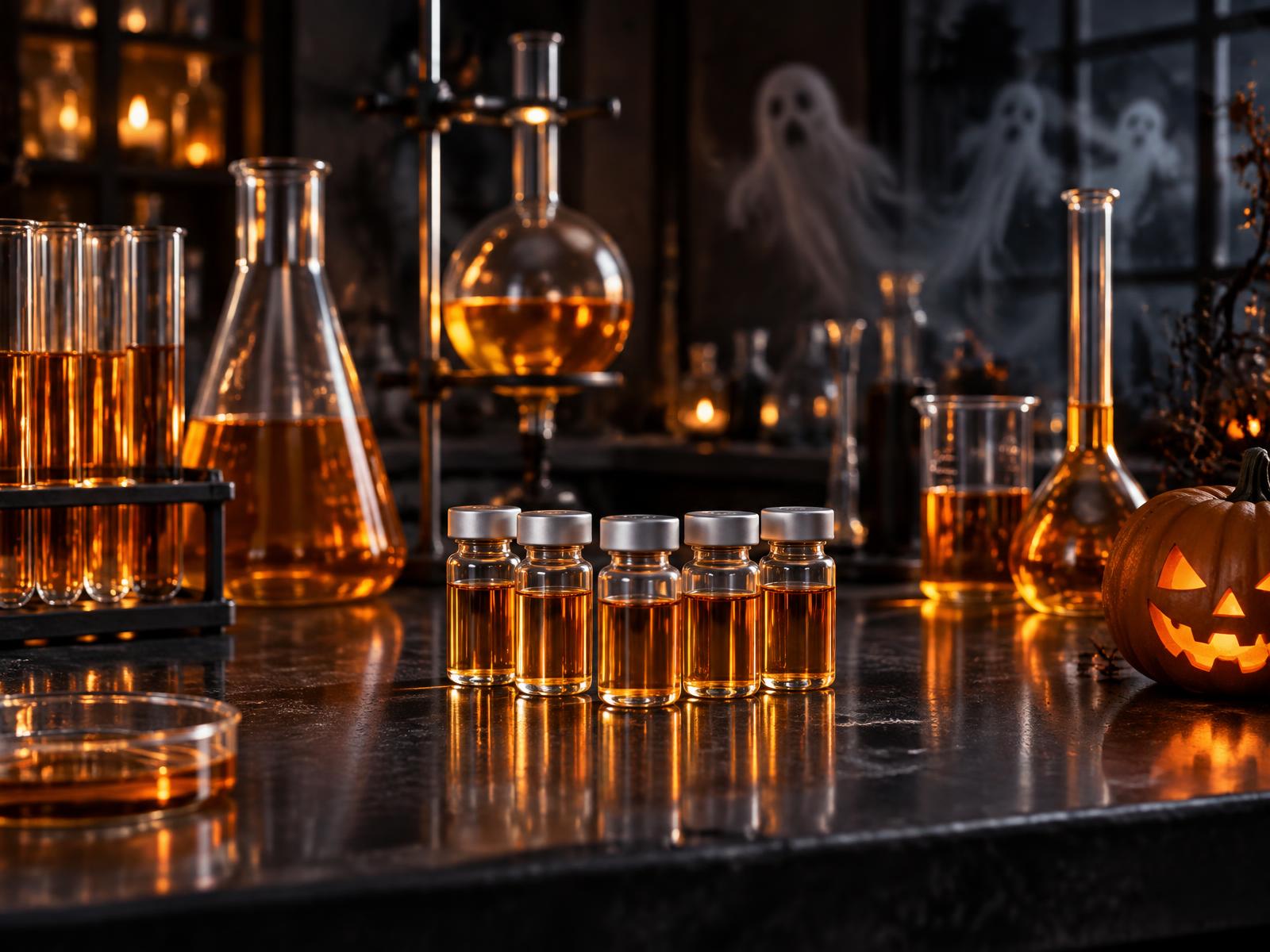 Research vials in a dark laboratory with glowing orange glassware and subtle Halloween decorations