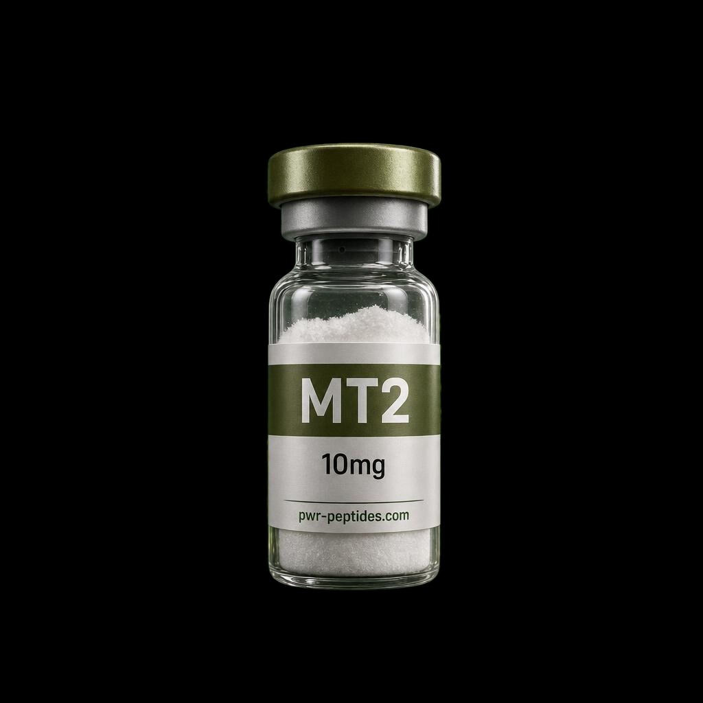 Melanotan II 10mg research peptide vial — Melanocortin receptor research peptide. Copper & Blend Peptides category. Pharmaceutical-grade, third-party tested by PWR Peptides.
