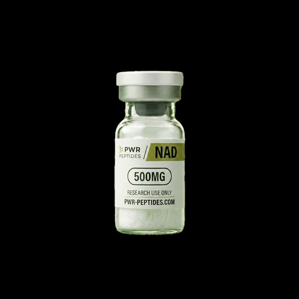 NAD 500mg research peptide vial — Cellular redox coenzyme for laboratory research. Cellular Research category. Pharmaceutical-grade, third-party tested by PWR Peptides.