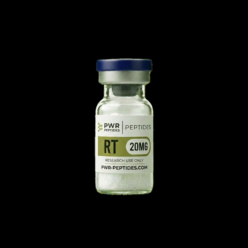 Retatrutide 20mg research peptide vial — Triple-action GLP-1/GIP/Glucagon receptor agonist. Receptor Agonist Research category. Pharmaceutical-grade, third-party tested by PWR Peptides.