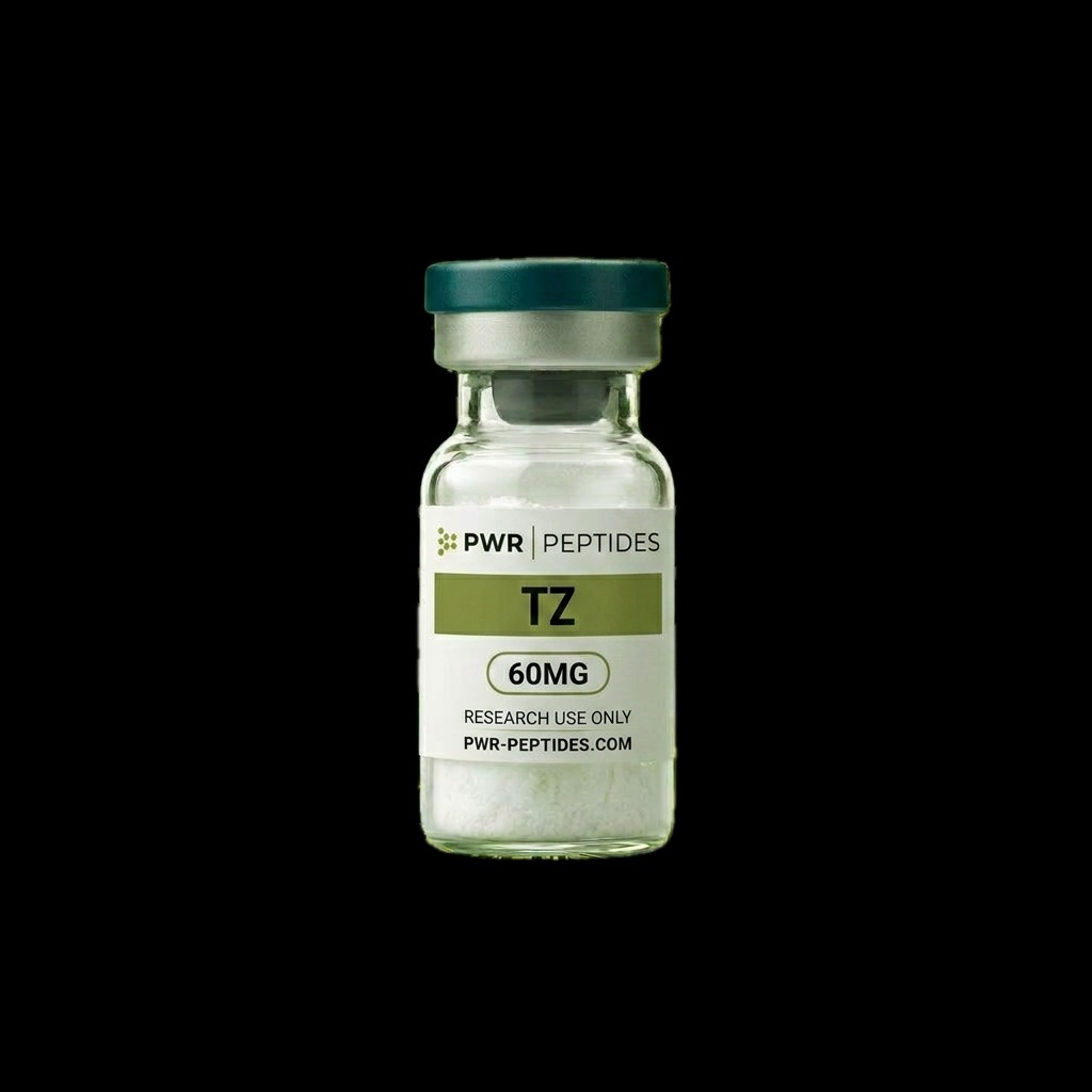 Tirzepatide 60mg research peptide vial — Dual-action GLP-1/GIP receptor agonist. Receptor Agonist Research category. Pharmaceutical-grade, third-party tested by PWR Peptides.