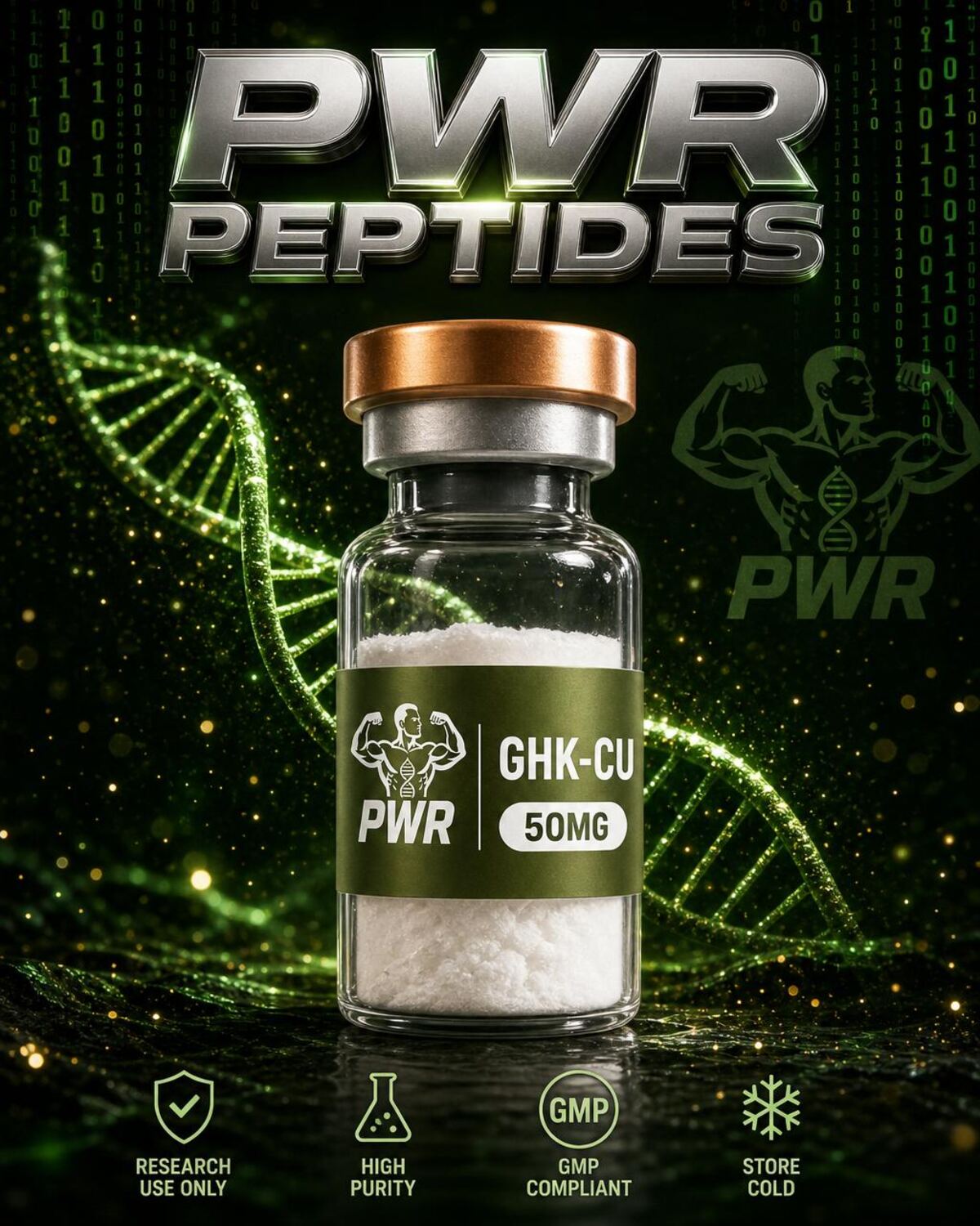 GHK-CU 50mg research peptide vial — Copper tripeptide studied for skin, collagen & regeneration. Skin & Wellness category. Pharmaceutical-grade, third-party tested by PWR Peptides.