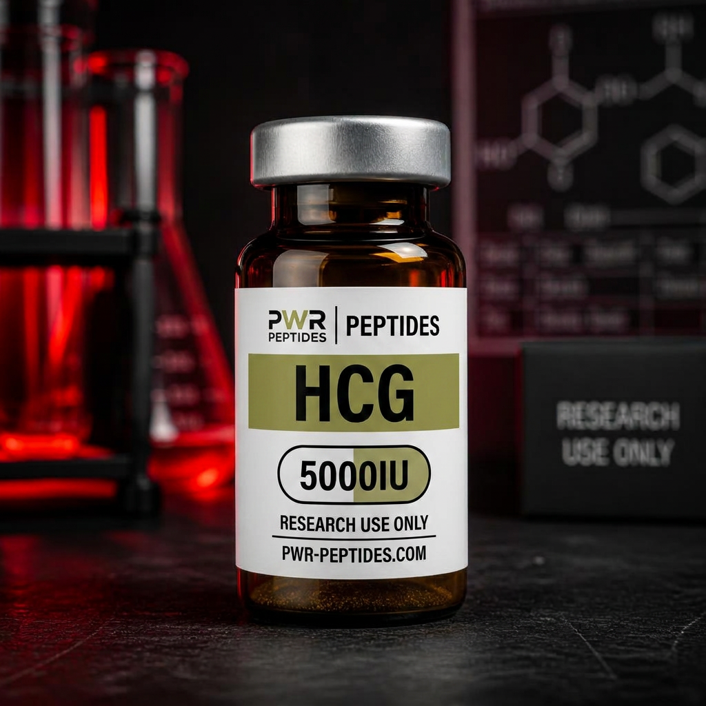 HCG 5000iu research peptide vial — HCG research peptide. Performance & Recovery category. Pharmaceutical-grade, third-party tested by PWR Peptides.
