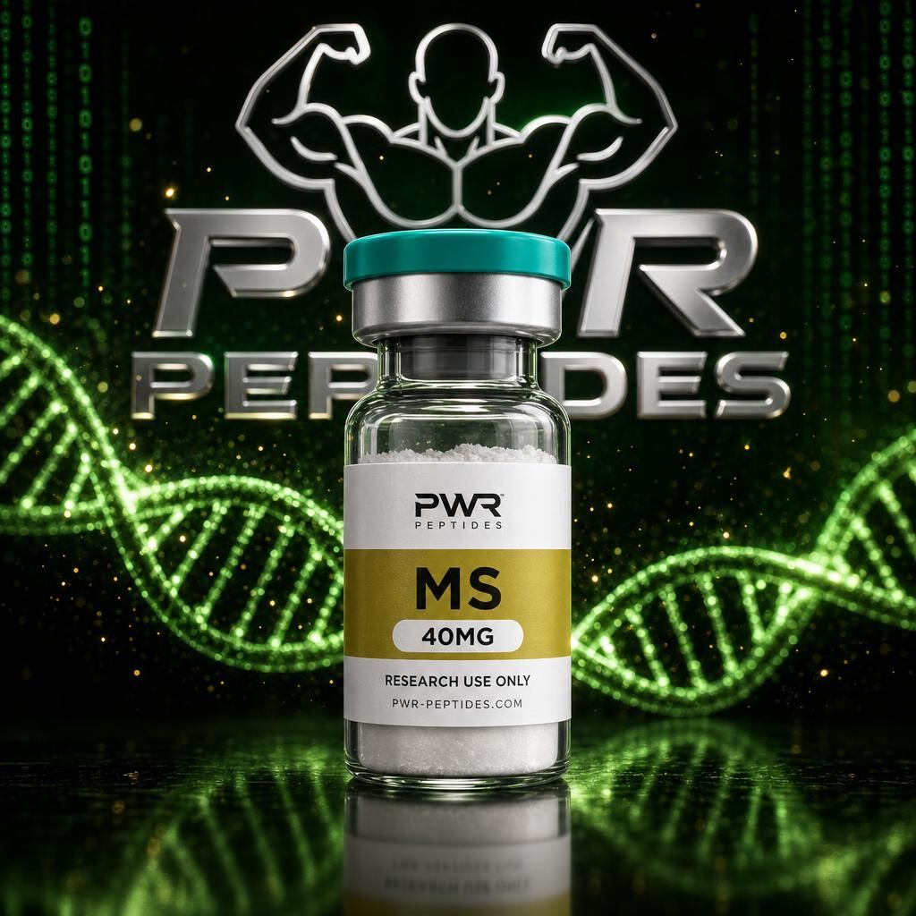 MS 40mg research peptide vial — Mitochondrial-derived peptide for energy & longevity. Performance & Recovery category. Pharmaceutical-grade, third-party tested by PWR Peptides.
