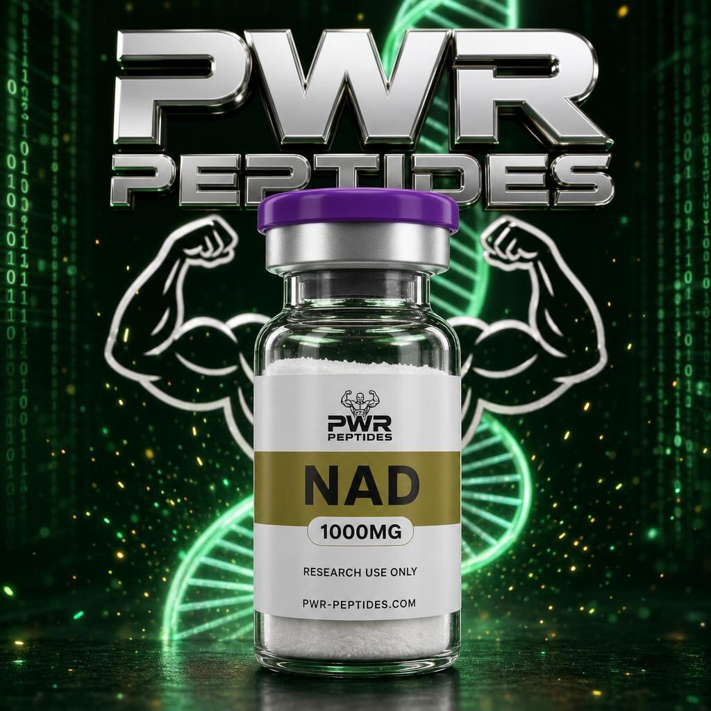 NAD 1000mg research peptide vial — Cellular energy & DNA repair coenzyme. Longevity & Energy category. Pharmaceutical-grade, third-party tested by PWR Peptides.