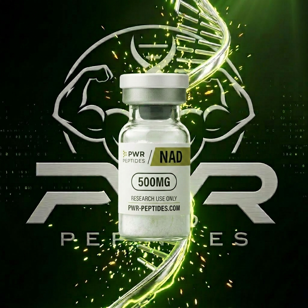 NAD 500mg research peptide vial — Cellular energy & DNA repair coenzyme. Longevity & Energy category. Pharmaceutical-grade, third-party tested by PWR Peptides.