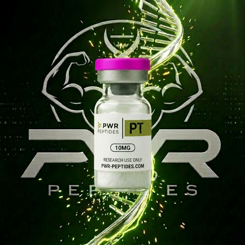 PT 10mg research peptide vial — Melanocortin receptor agonist studied for libido & arousal pathways. Performance & Recovery category. Pharmaceutical-grade, third-party tested by PWR Peptides.